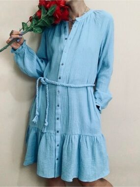 magaschoni blue linen dress Magaschoni | Dresses | Magaschoni Linen Shirt Dress Blue M Midi Button Front Ruffle